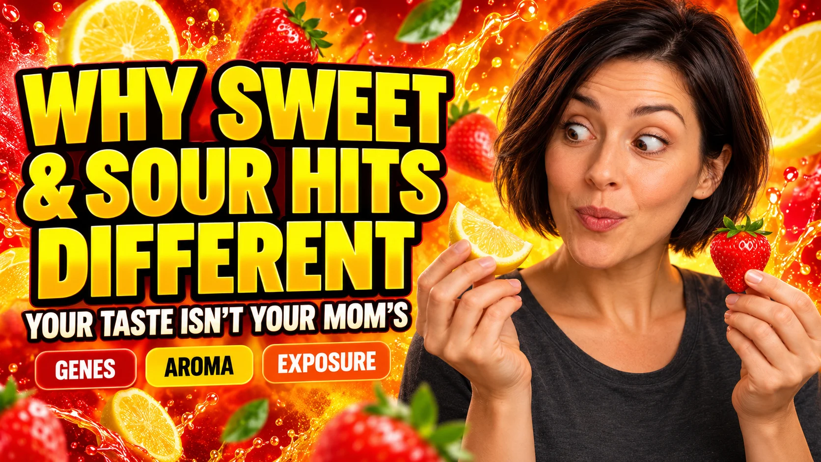 Woman comparing a lemon wedge and strawberry with text explaining why sweet-and-sour foods can taste different to different people.
