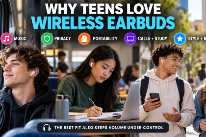 Teen and young adult wireless earbud users commuting, studying and socializing with callouts for music, privacy, portability, calls and routine.