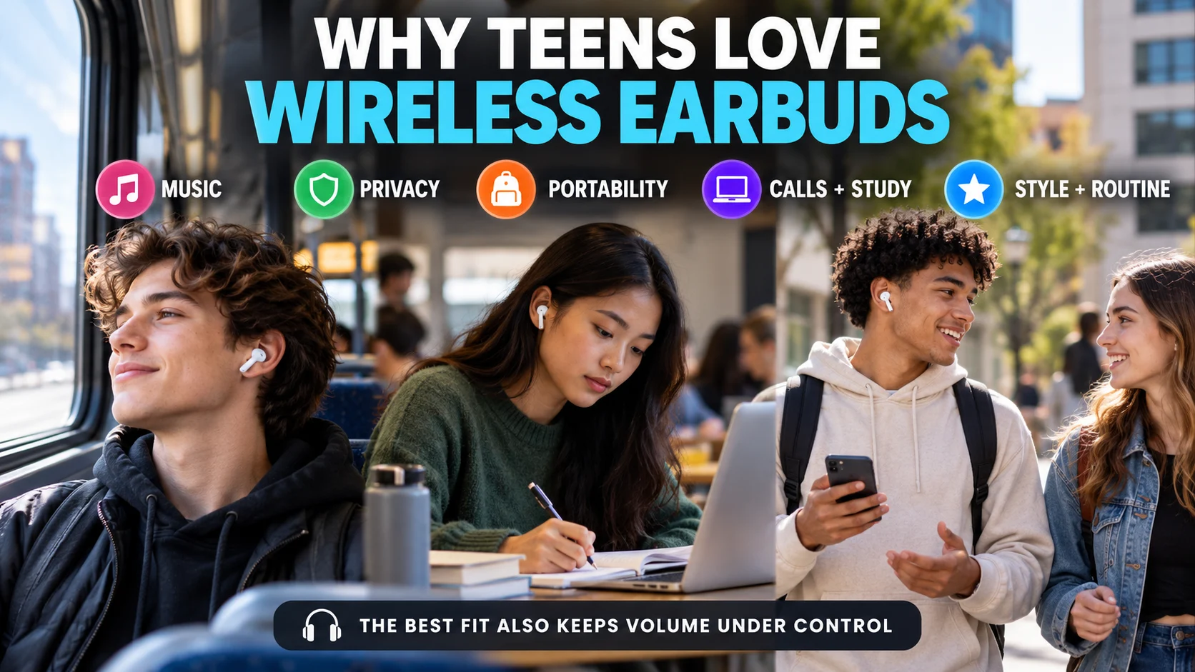 Teen and young adult wireless earbud users commuting, studying and socializing with callouts for music, privacy, portability, calls and routine.