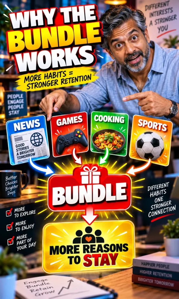 Man pointing as News, Games, Cooking and Sports flow into one bundle that creates more reasons for a subscriber to stay.