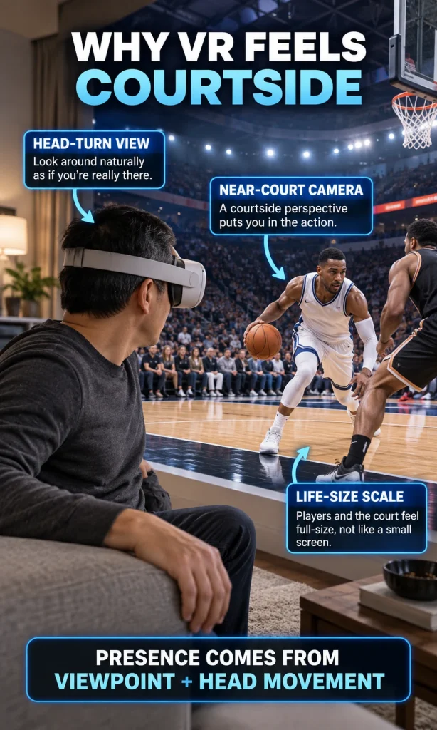 Man in a VR headset with arrows explaining head-turn view, near-court camera position and life-size basketball scale.