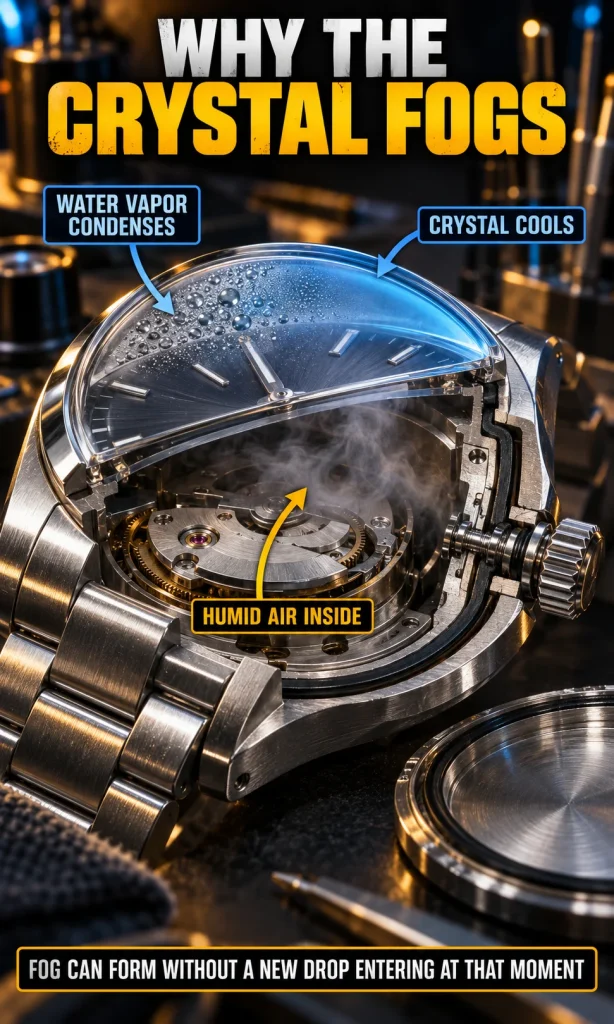 Photographic cutaway of a watch showing humid air inside the case condensing against a colder crystal surface.