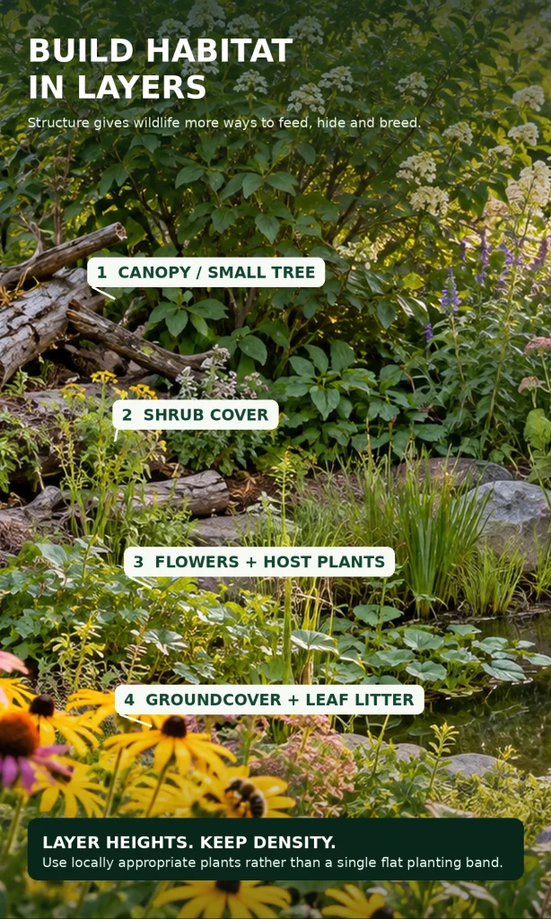 Wildlife garden layers showing canopy or small tree, shrub cover, flowers and host plants, and groundcover with leaf litter