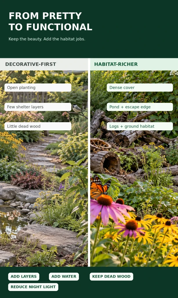 Comparison of decorative-first landscaping with a habitat-richer garden using denser cover, water access and logs