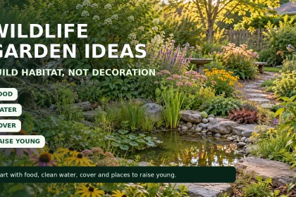 Wildlife garden with a pond, layered planting, flowers, logs and cover labeled for food, water, cover and places to raise young