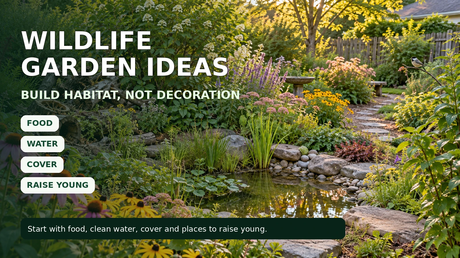 Wildlife garden with a pond, layered planting, flowers, logs and cover labeled for food, water, cover and places to raise young