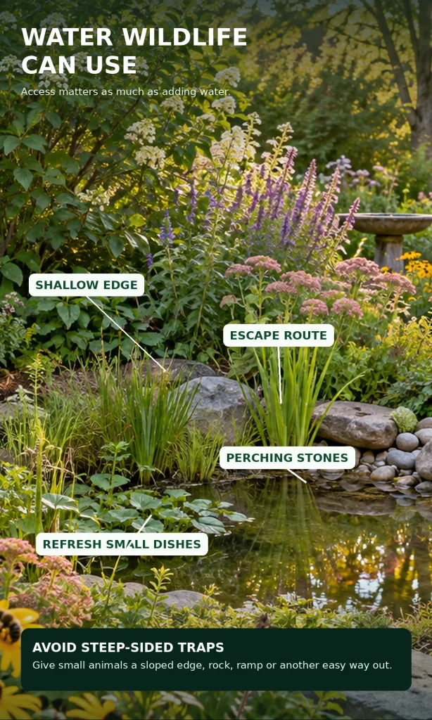 Wildlife pond showing a shallow edge, escape route, perching stones and a reminder to refresh small water dishes