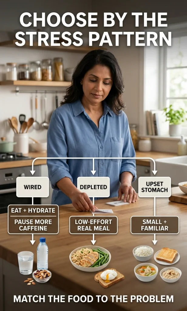 Vertical decision guide matching wired, depleted and upset-stomach stress states with practical food and drink responses.