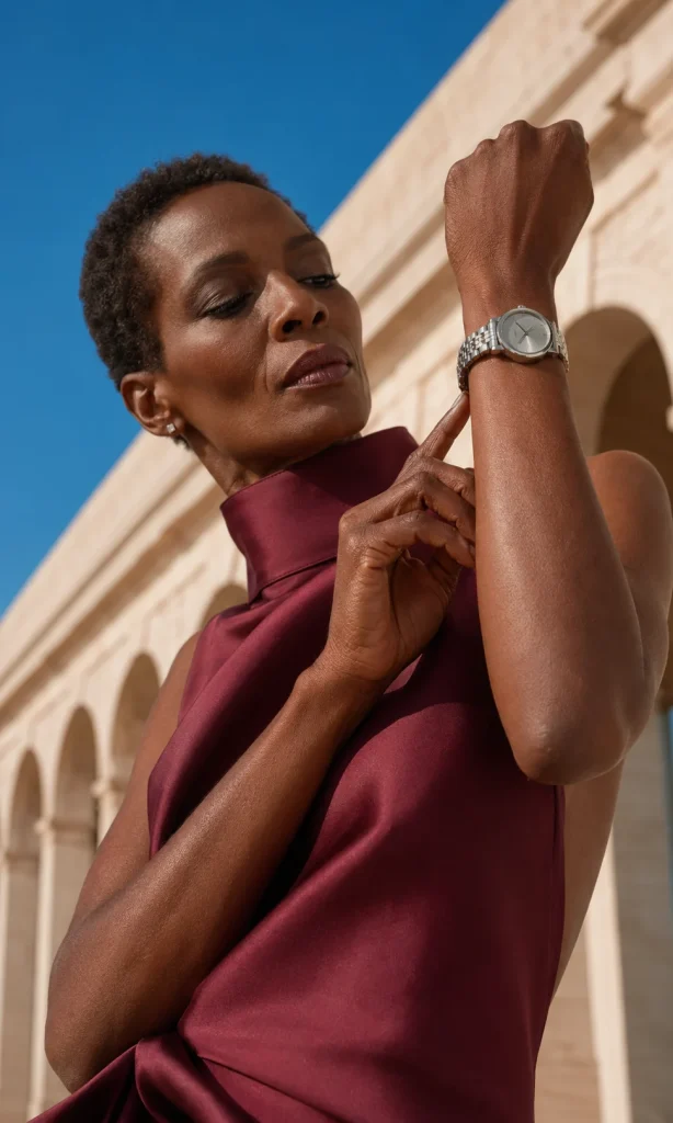 Woman checking whether a metal watch bracelet is too tight or too loose