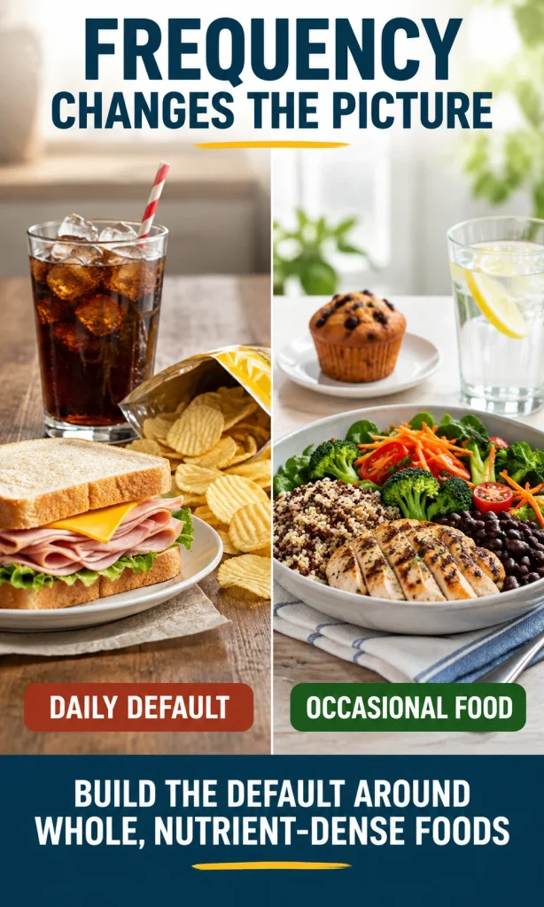 Comparison of a daily default pattern with sugary drinks and salty processed foods versus an occasional treat within a balanced meal pattern