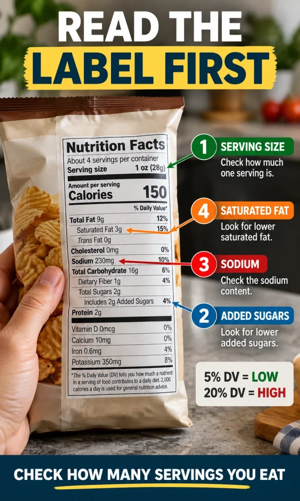 Nutrition label checkpoints showing serving size, added sugars, sodium, saturated fat and percent Daily Value guidance