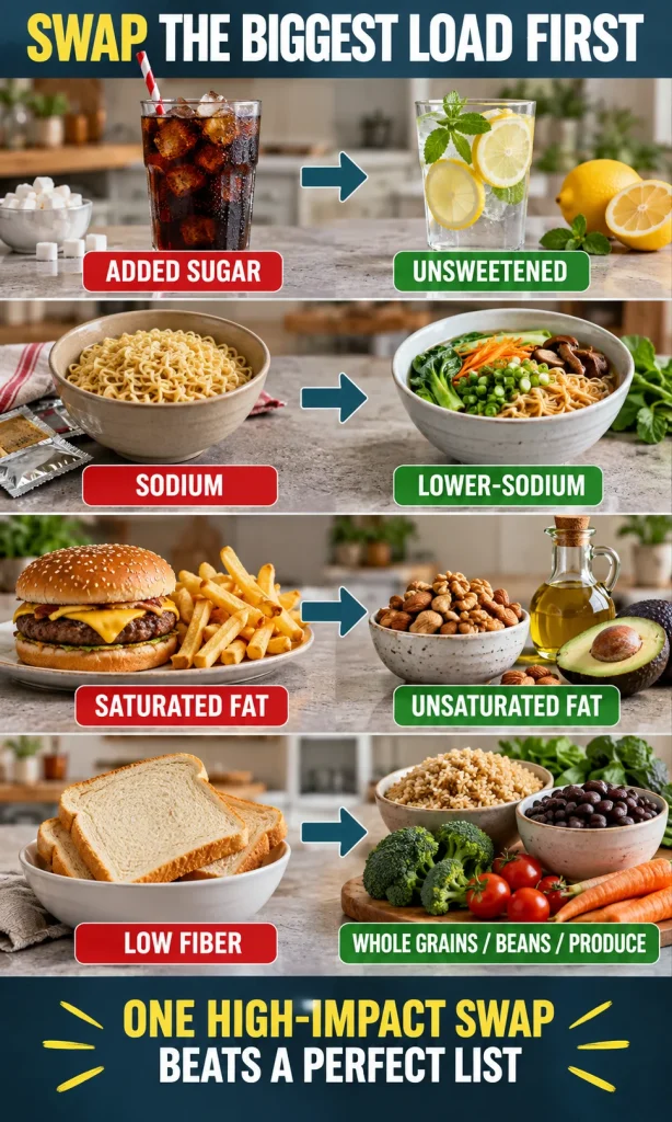 Decision path for swapping the largest nutrition-label load first: added sugar, sodium, saturated fat or low fiber