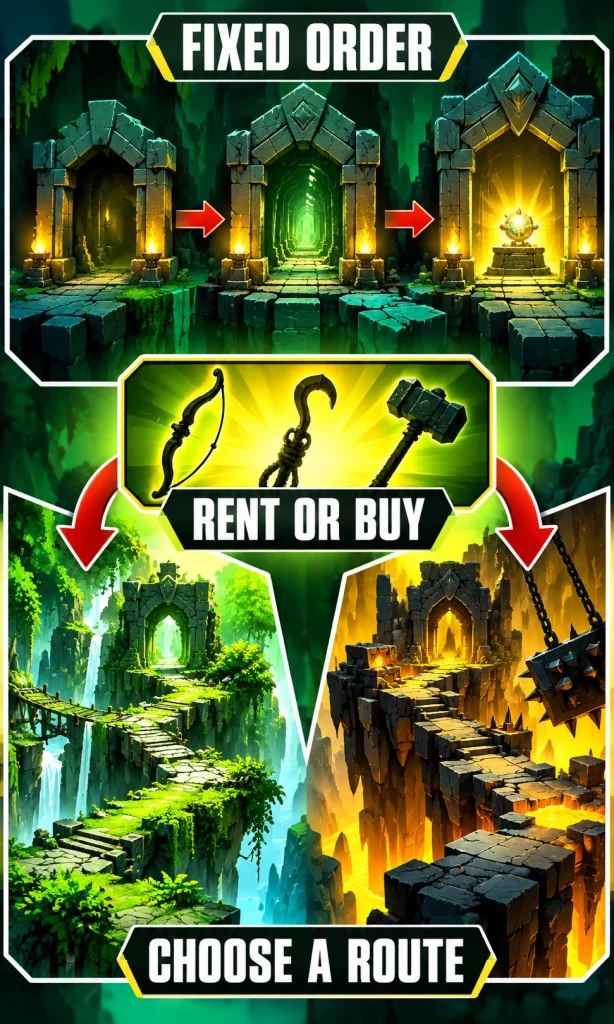 Concept diagram contrasting one fixed dungeon route with several selectable dungeon routes after item access.