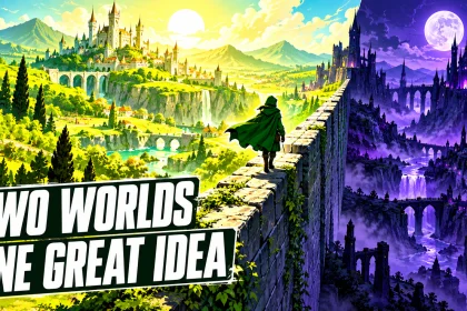 Original fantasy illustration of a cloaked traveler on a wall between a sunlit green kingdom and a shadowy purple kingdom.