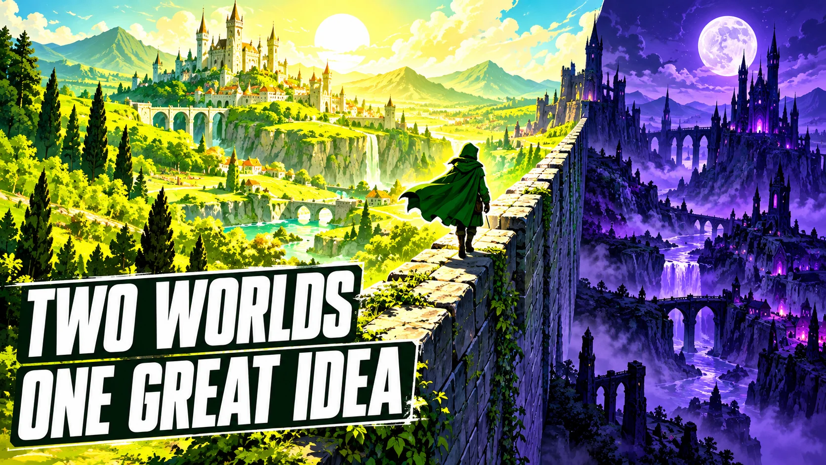 Original fantasy illustration of a cloaked traveler on a wall between a sunlit green kingdom and a shadowy purple kingdom.