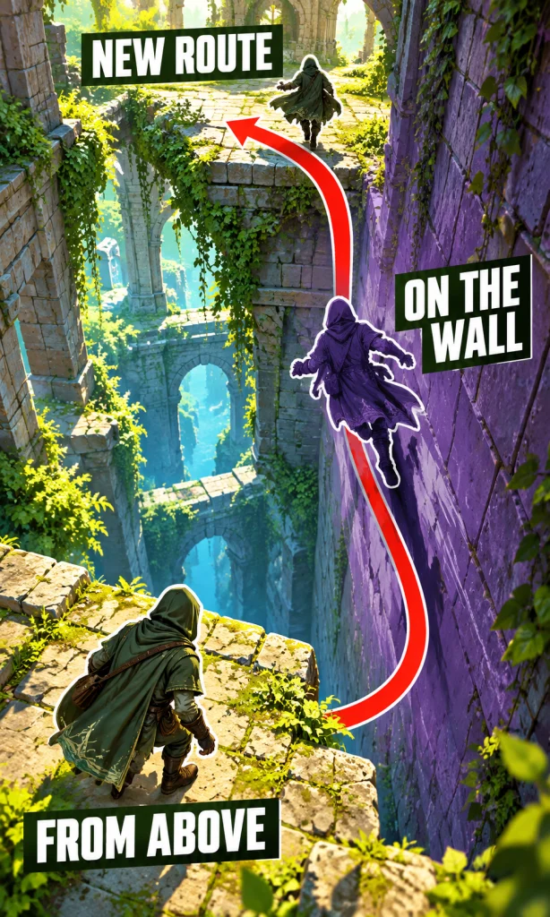 Diagram of an adventurer entering a wall to cross a gap and reach a platform.