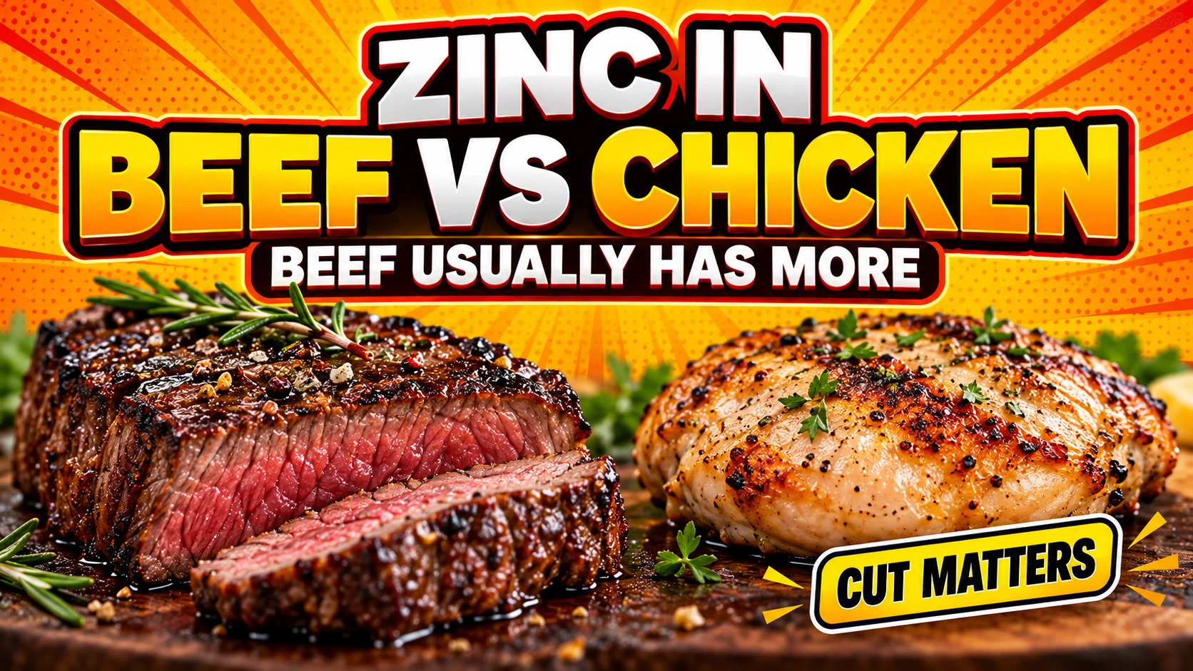 Beef and chicken compared for zinc, showing beef as the more zinc-dense choice and chicken cut differences