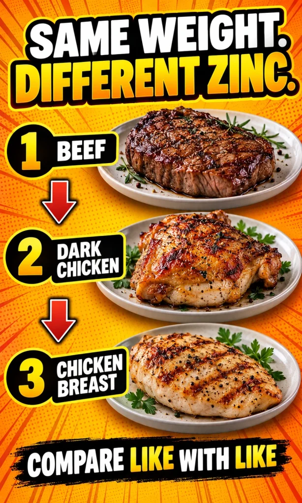 Beef, dark chicken and chicken breast ranked by zinc density for equal cooked weight