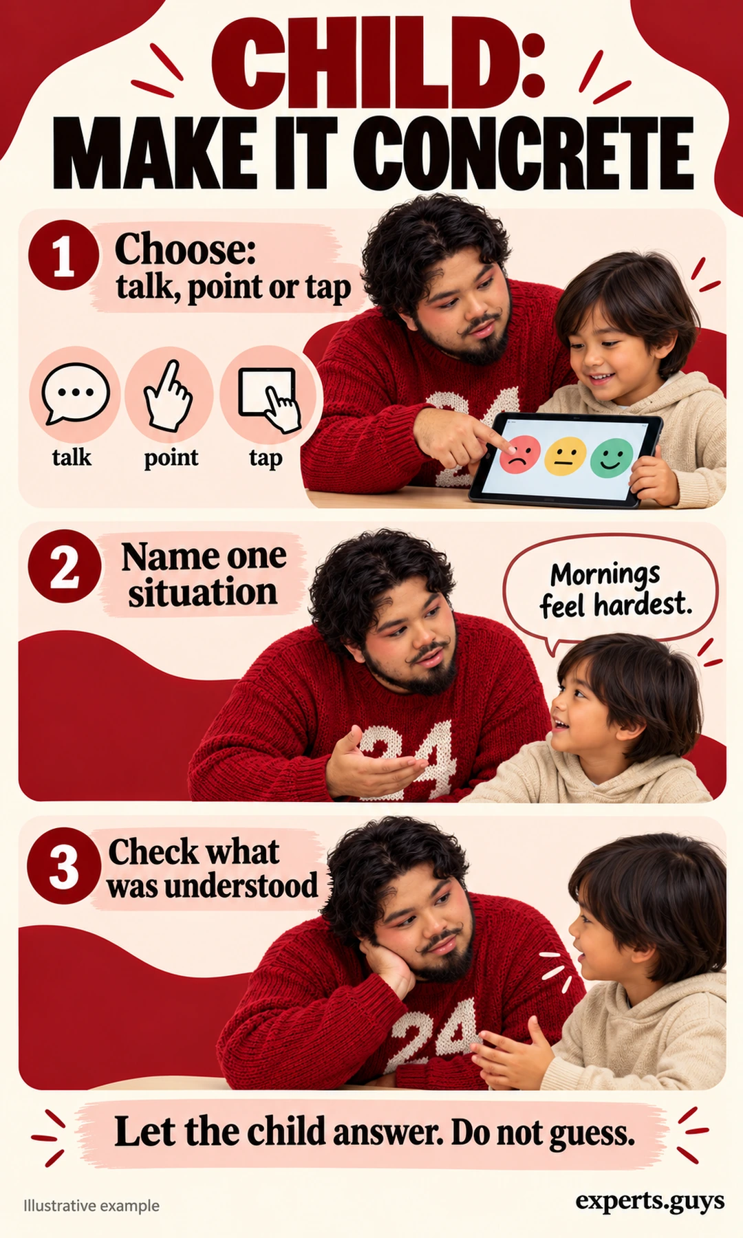 An adult supporter offers a child tablet emotion choices, asks about one situation, and listens to the child’s explanation.