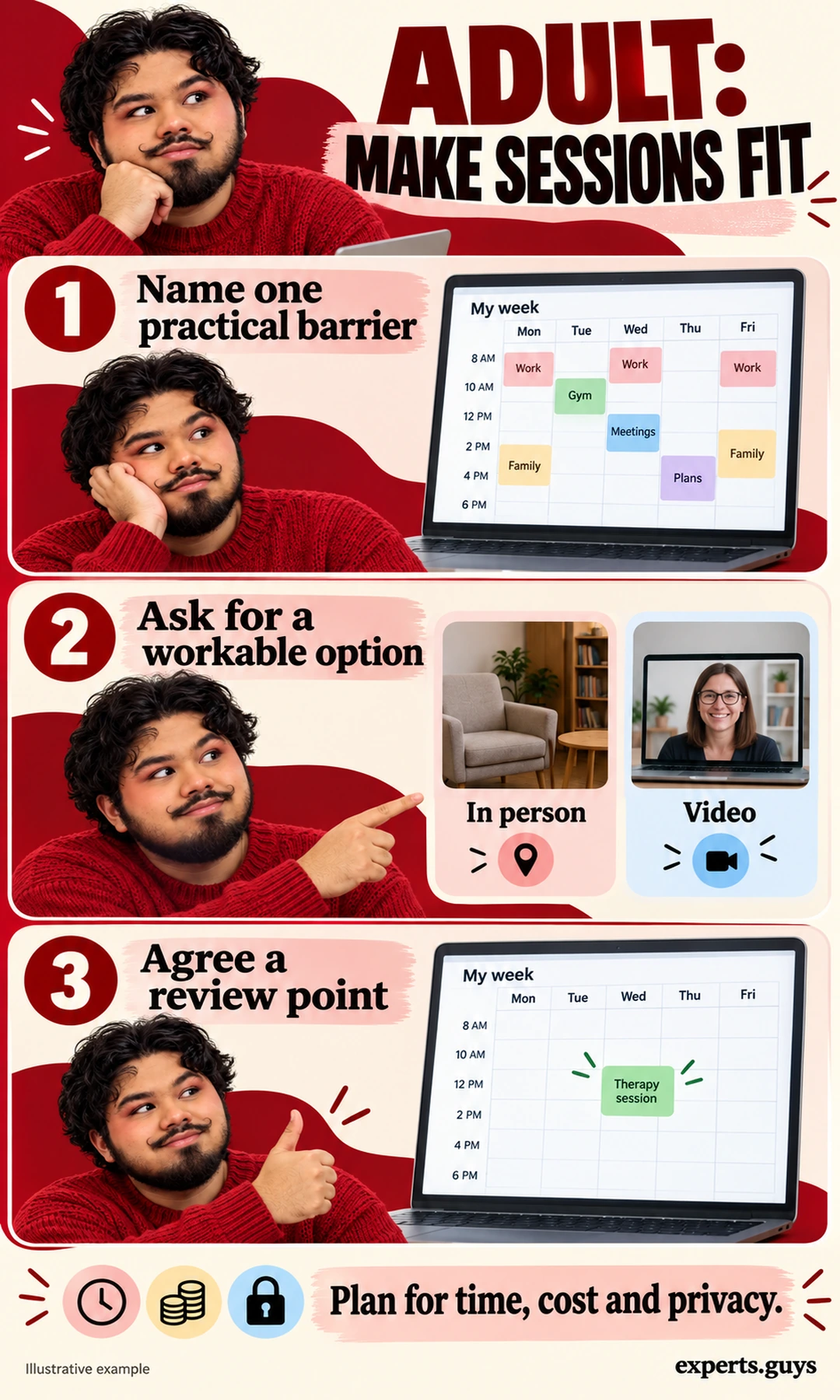An adult compares in-person and video appointments beside a laptop calendar, then reserves a workable session time.