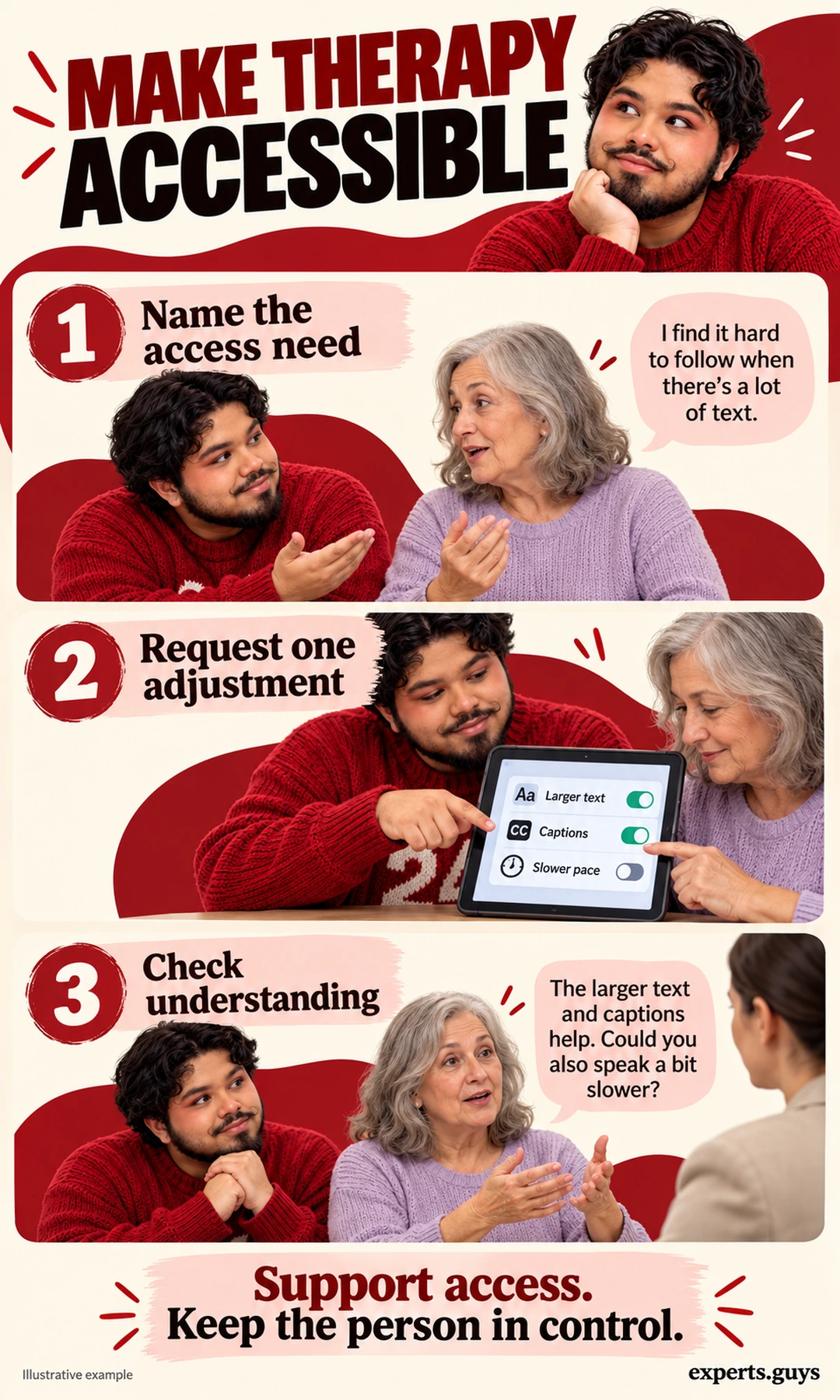 An older woman selects larger text, captions and slower pacing on a tablet while the same adult supporter helps without answering for her.