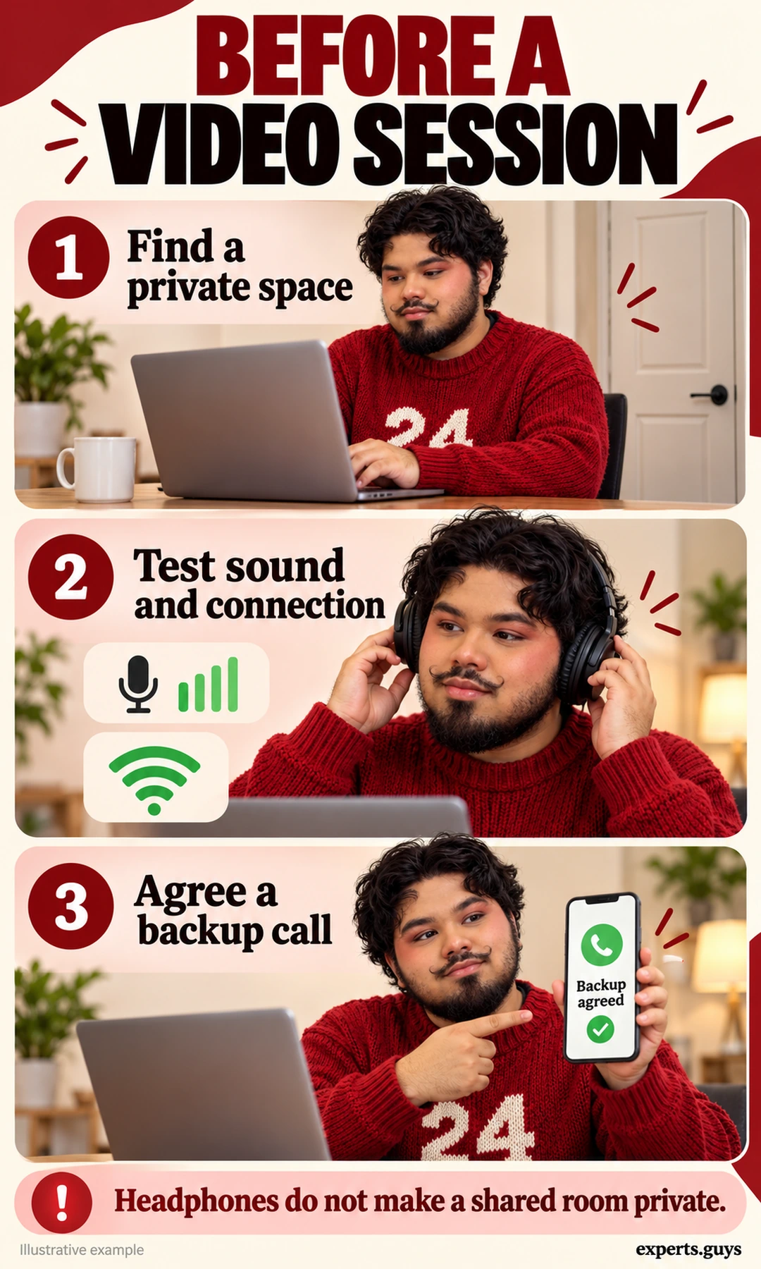 The adult model checks a closed-door space, headphones and a laptop connection, then confirms a backup phone call.