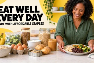 A home cook sets down a rice, beans and vegetable meal beside oats, eggs, lentils, bananas, yogurt, potatoes and sardines.