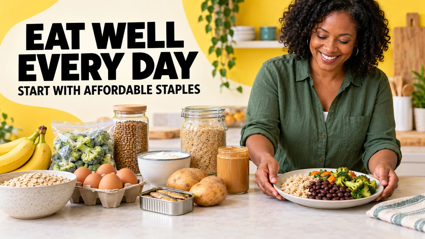 A home cook sets down a rice, beans and vegetable meal beside oats, eggs, lentils, bananas, yogurt, potatoes and sardines.