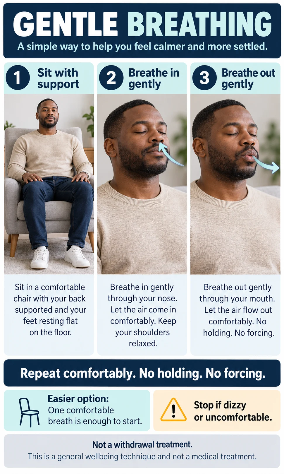A seated man supports his back, inhales gently through his nose and exhales through his mouth without holding or forcing his breath.