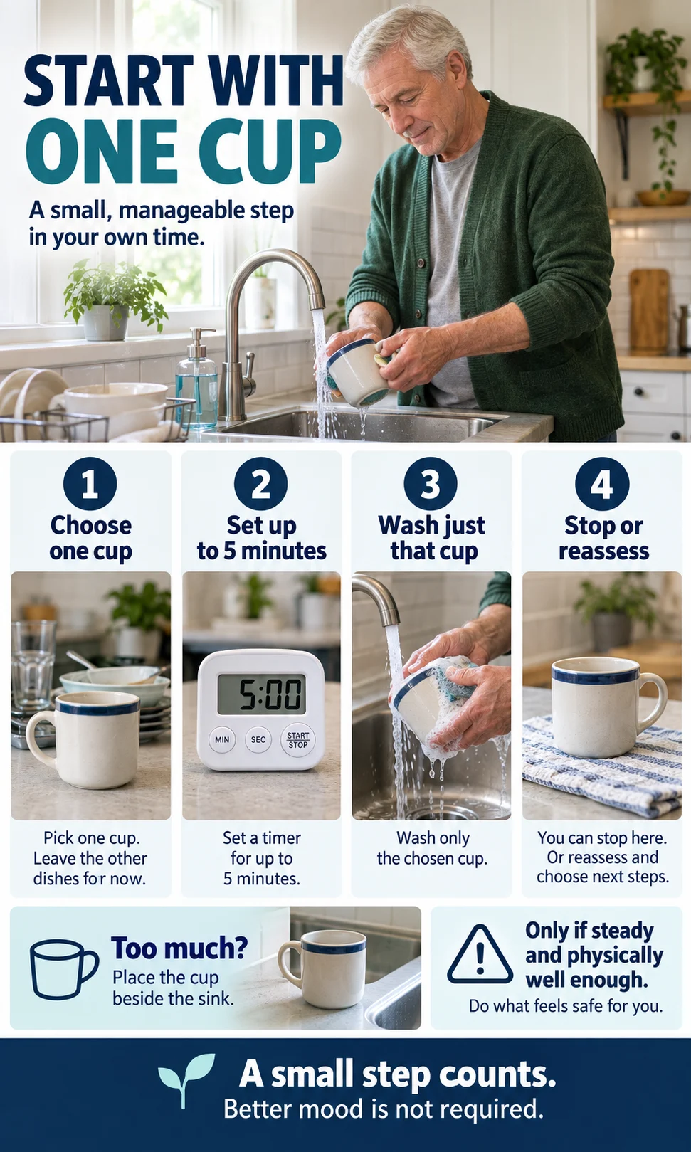 An older man chooses one cup, sets a five-minute timer, washes the cup and stops or reassesses when the timer ends.