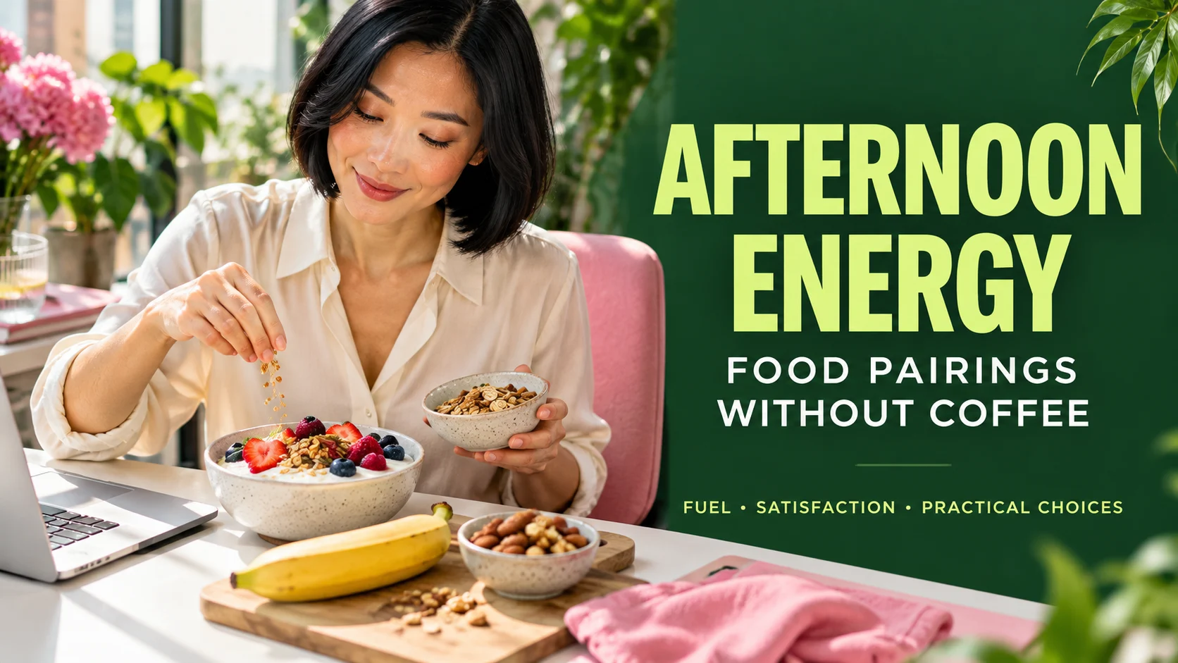 Woman assembling a yogurt, berry and oat snack beside a banana and nuts