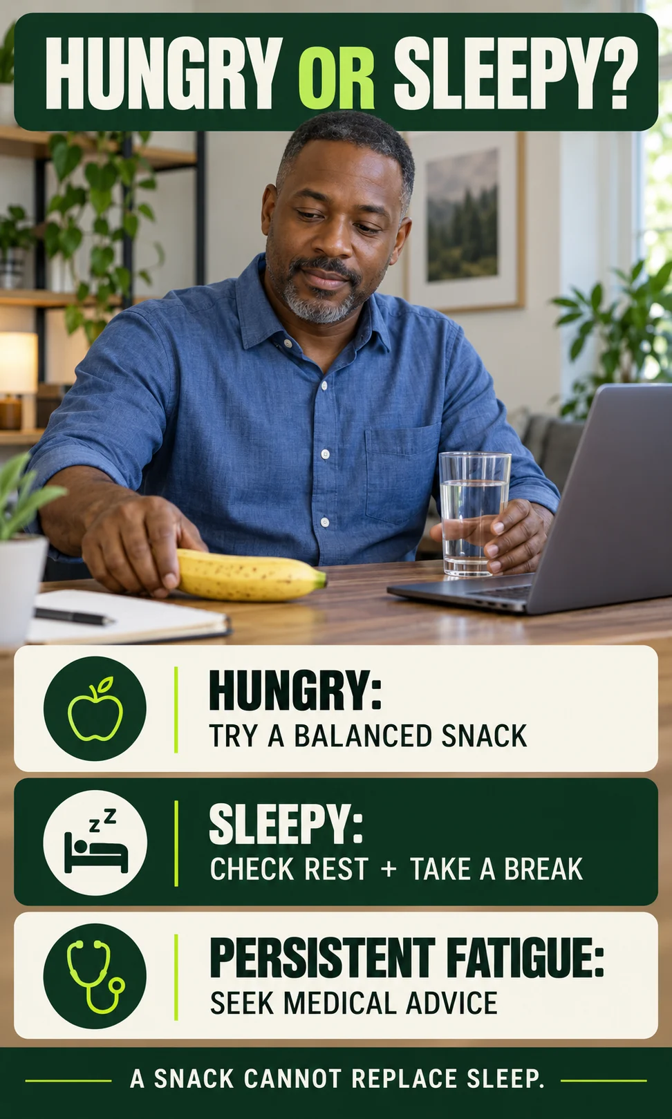 Man checking hunger and sleepiness before choosing an afternoon snack