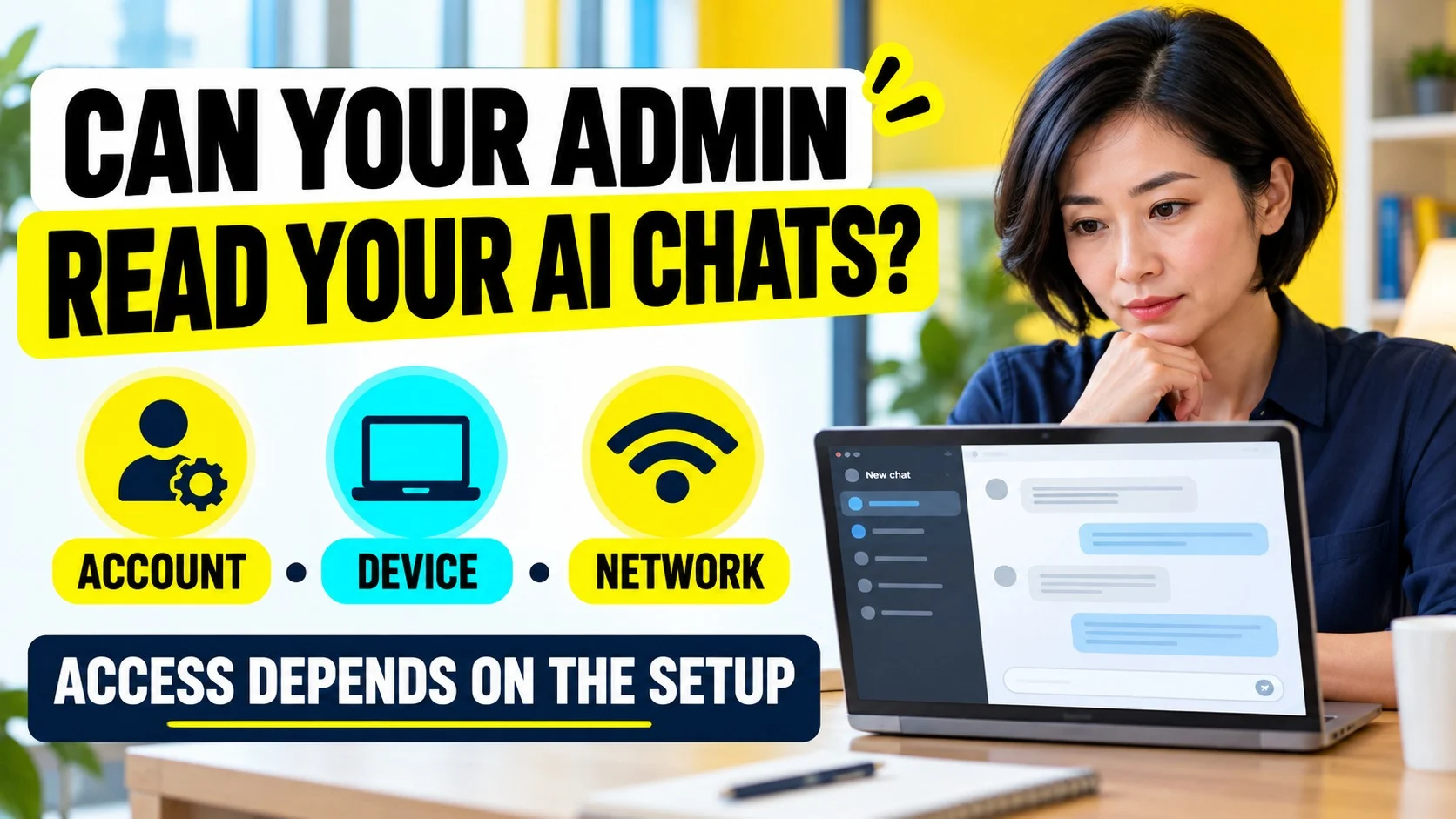 Woman checking AI chat access with account, device and network factors shown beside her laptop