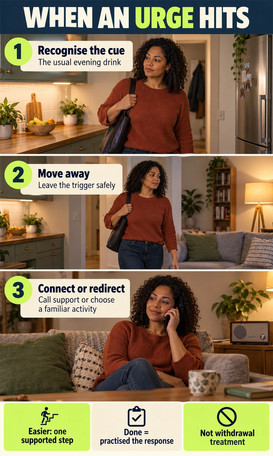 A woman identifies an evening drinking cue, moves away from it, and contacts a supportive person or chooses a familiar activity.