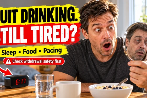 A surprised man at breakfast beside the headline Quit drinking, still tired and a withdrawal-safety reminder.
