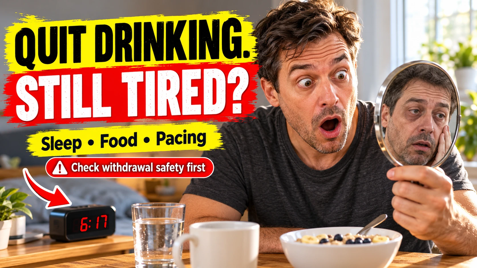 A surprised man at breakfast beside the headline Quit drinking, still tired and a withdrawal-safety reminder.