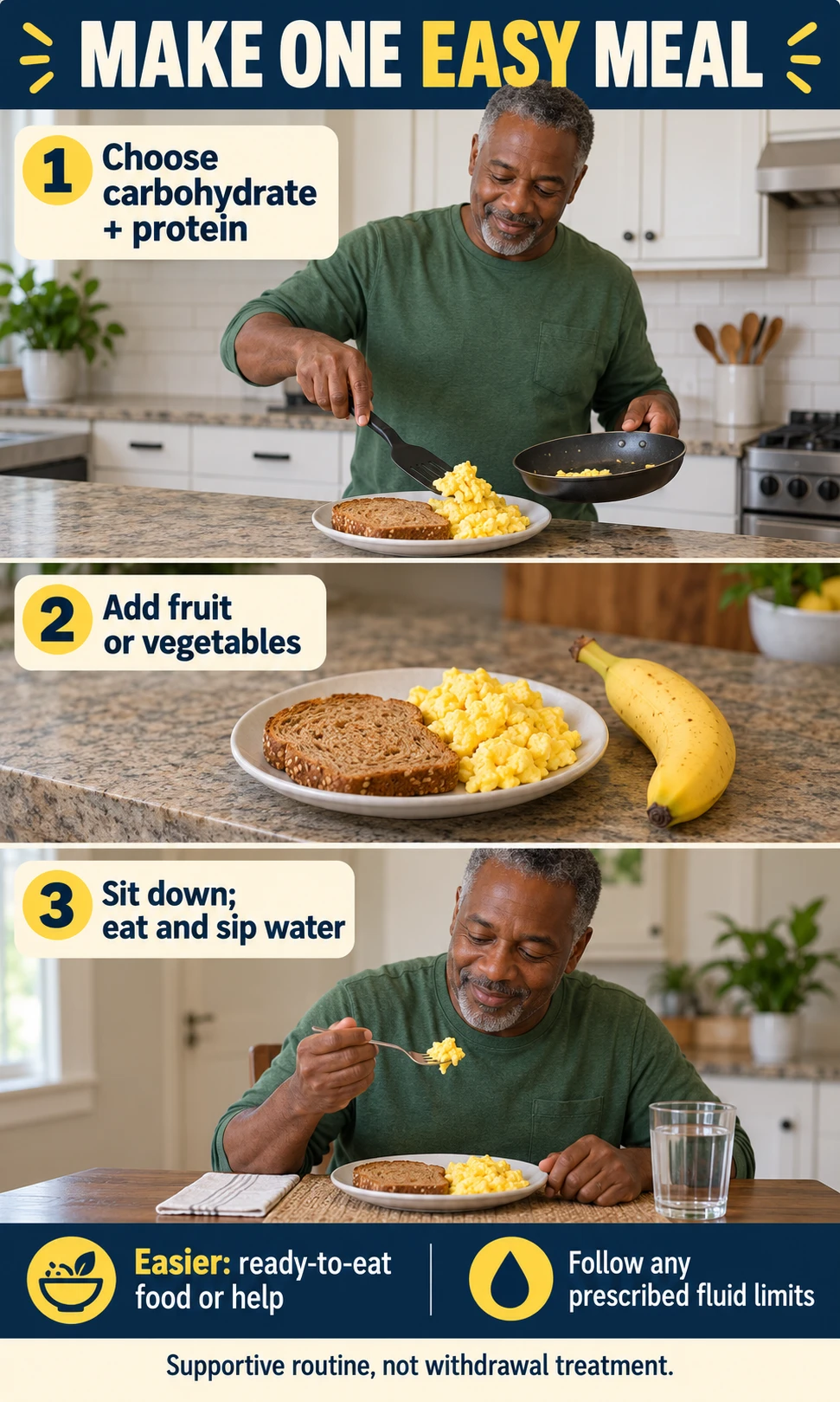 Three steps show choosing toast and eggs, adding fruit, then sitting down to eat and sip water.