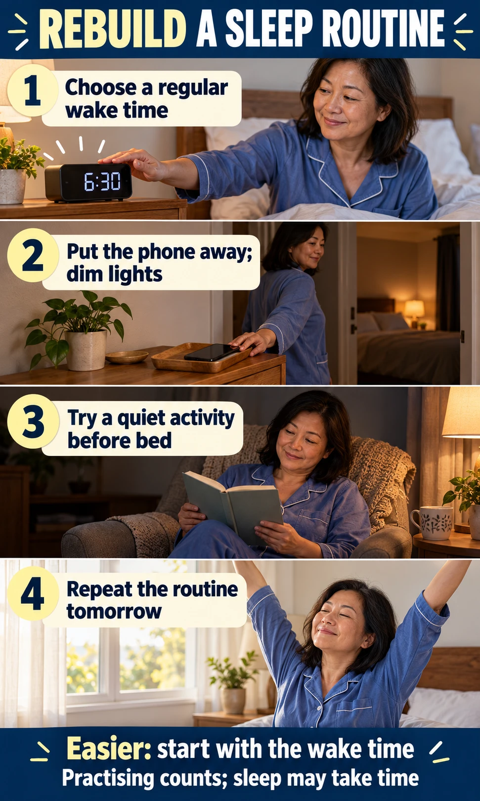 Four steps show choosing a wake time, putting away a phone, reading quietly and repeating the sleep routine.
