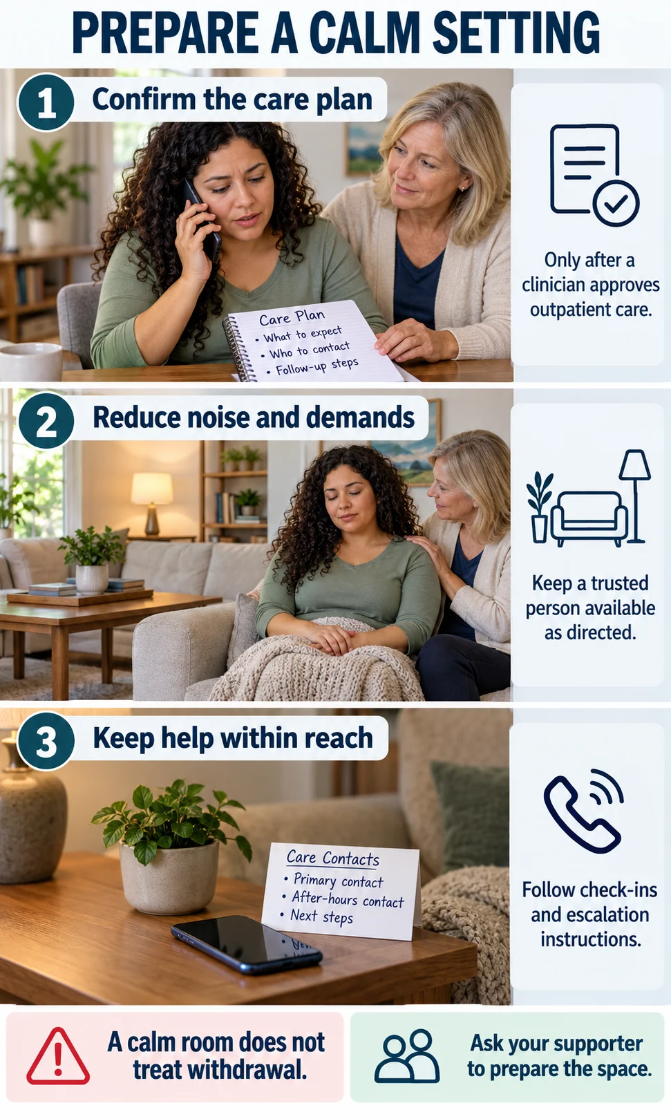 A woman confirms outpatient care, reduces noise and keeps care contacts and a phone within reach.