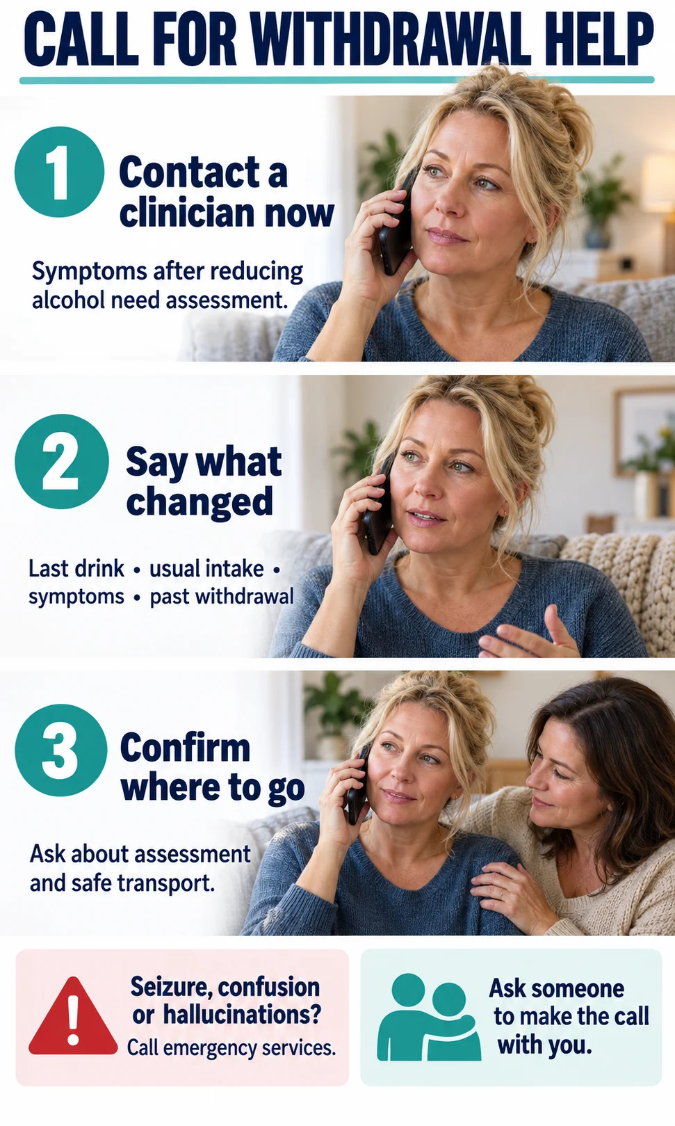 A woman calls a clinician, describes her alcohol change and symptoms, and confirms assessment and transport.