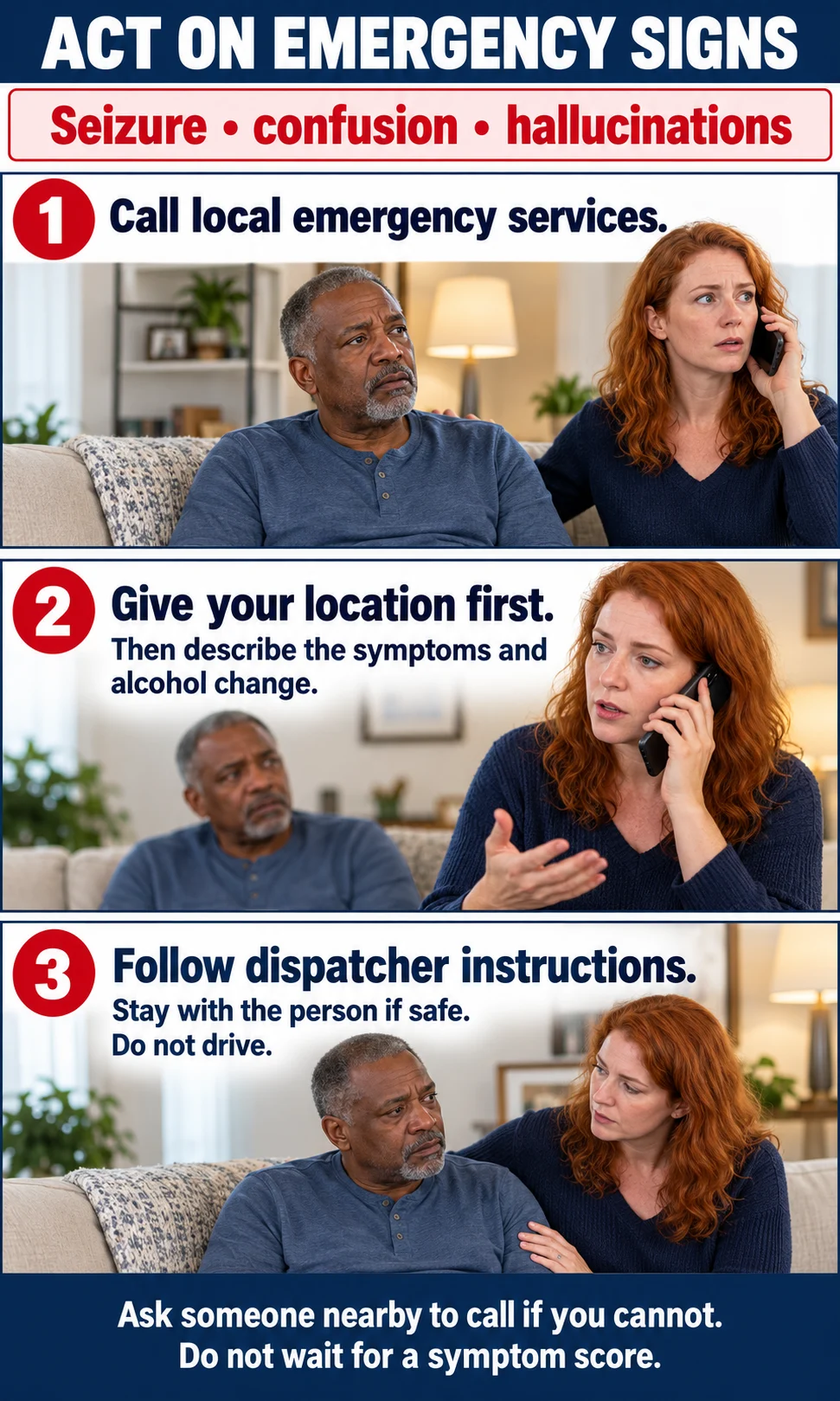 A companion calls emergency services, gives the location and symptoms, and follows dispatcher instructions.