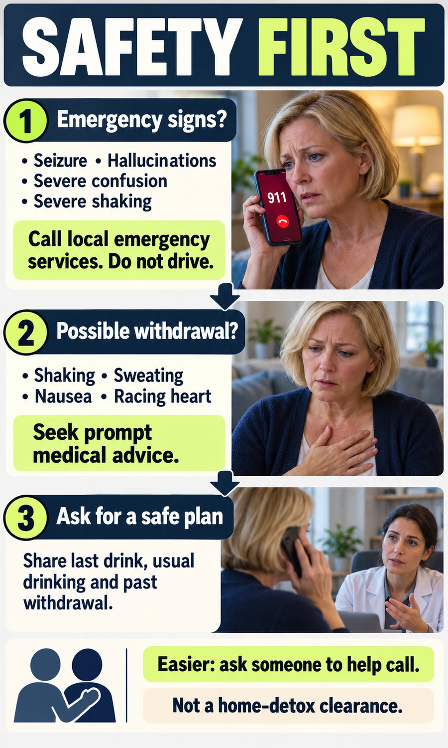 Three panels show emergency warning signs, possible withdrawal requiring medical advice, and asking a clinician for a safe stopping plan.