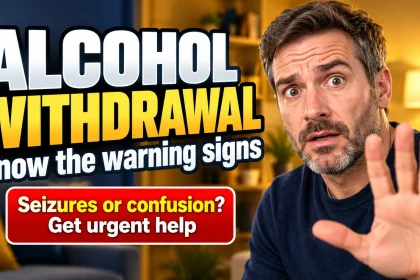 An alert man raises a pause gesture beside alcohol withdrawal warning-sign guidance.