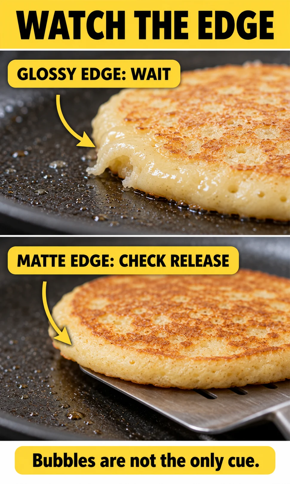 Glossy pancake edge compared with a matte edge supported by a spatula