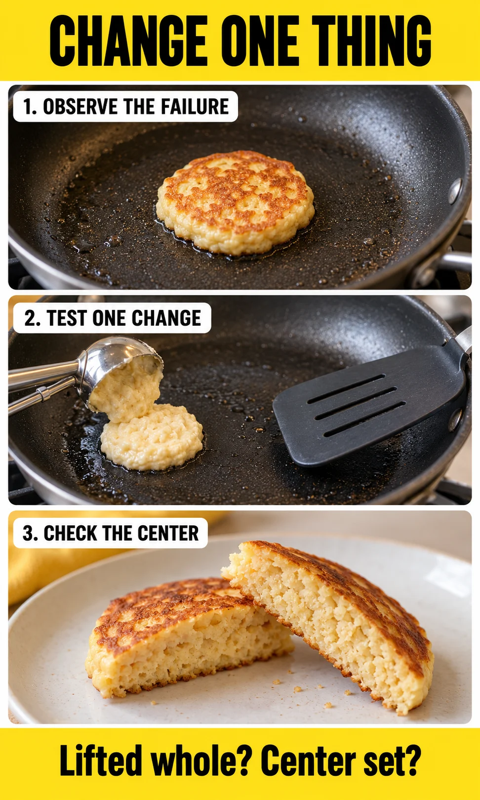 A small pancake test sequence showing observation, one changed variable and a cut center