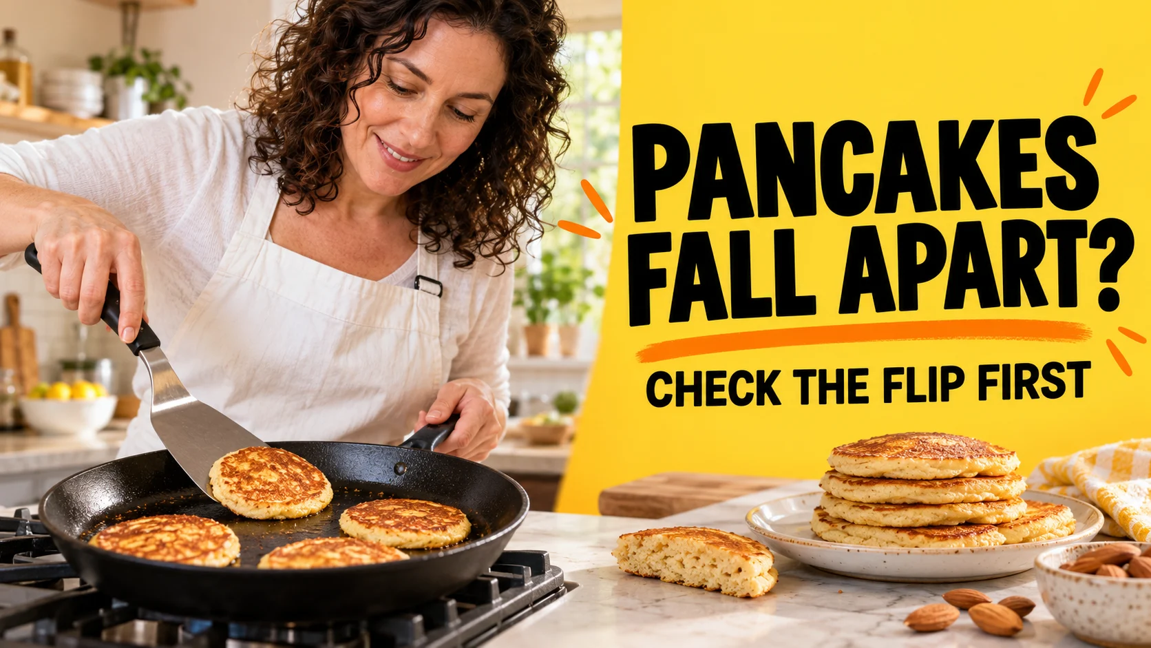 A home cook supports a small almond-flour pancake with a spatula beside a pancake stack.