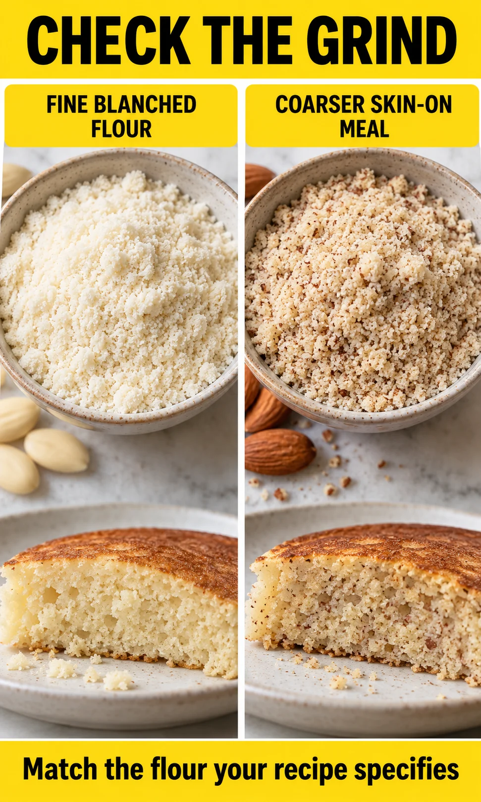 Fine pale almond flour and coarser skin-on almond meal beside illustrative pancake crumbs