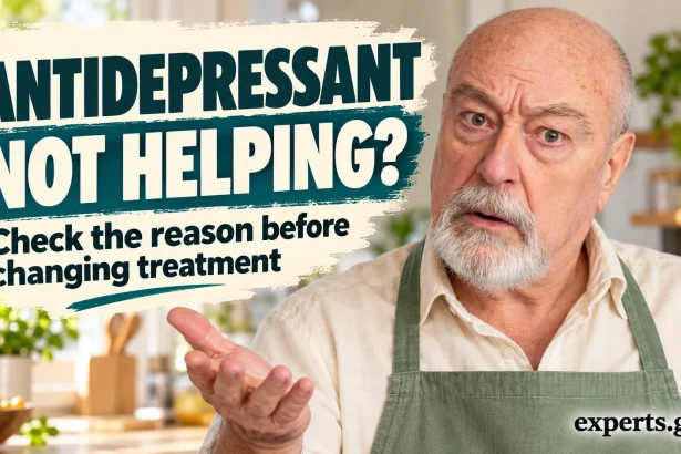 An older man in a kitchen apron considers why antidepressant treatment is not helping enough.