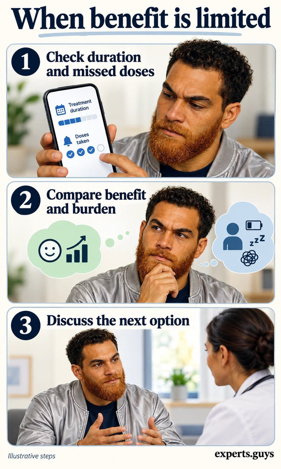 Man checking antidepressant treatment duration and missed doses, comparing benefits and burdens, and discussing the next option.