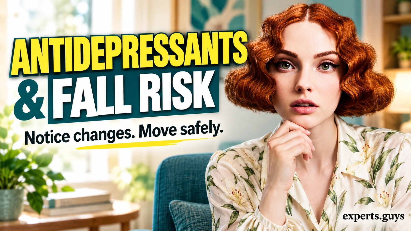 Red-haired woman in an ivory lily-print blouse beside a headline about antidepressants and fall risk.